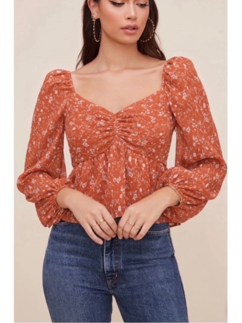 Astr Rust Floral Ruched Long-Sleeve Peplum Top
